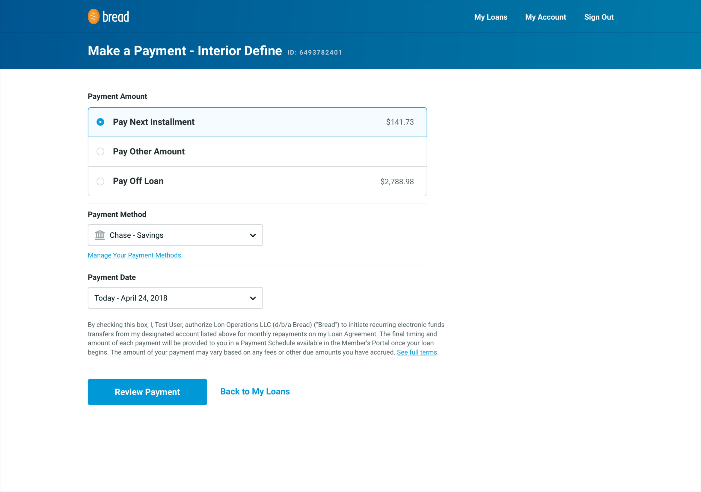 A screenshot of the Bread payment experience